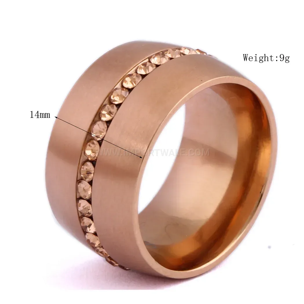 Wide Stainless Steel Ring with Single Row Rhinestones