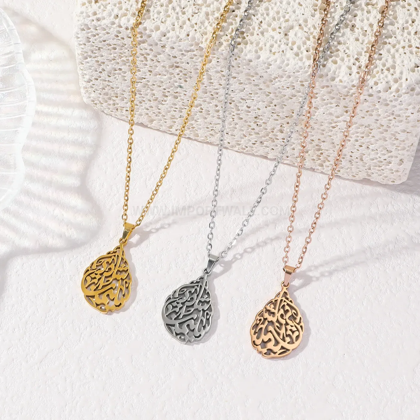 Trendy Teardrop Ayatul Kursi Stainless Steel Calligraphy Pendant Necklace