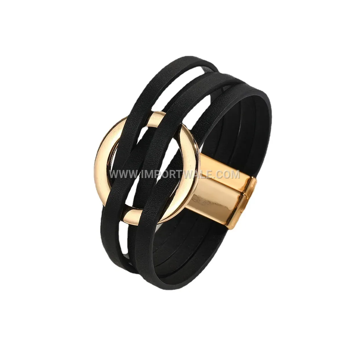 Layered Alloy and Leather Cuff Bracelet with O-Ring Clasp