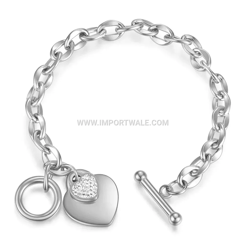 Rhinestone Heart Stainless Steel OT Toggle Chain Bracelet