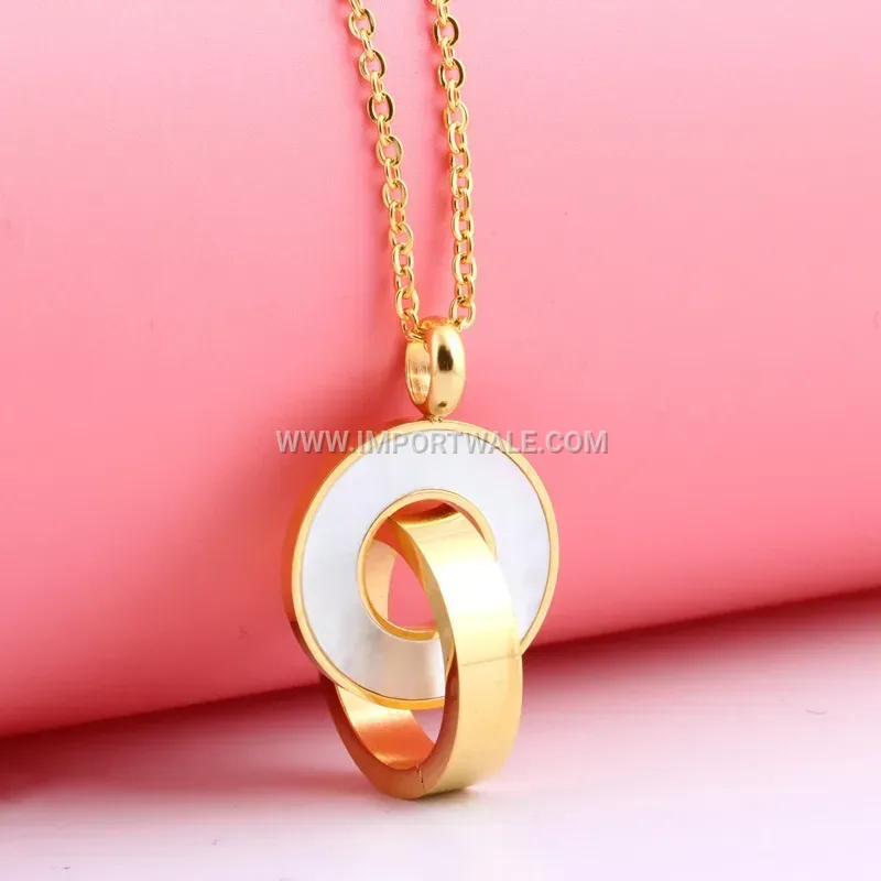 Double Ring Shell Inlaid Stainless Steel Pendant Necklace