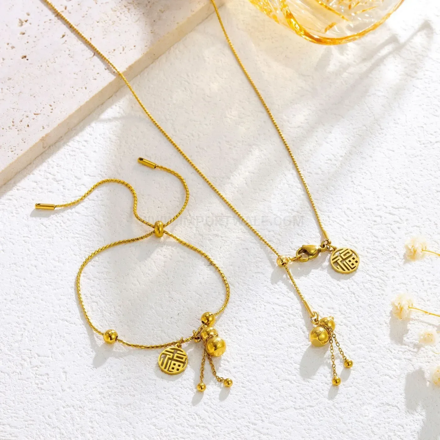 Adjustable Stainless Steel Gourd Pendant Bracelet Set