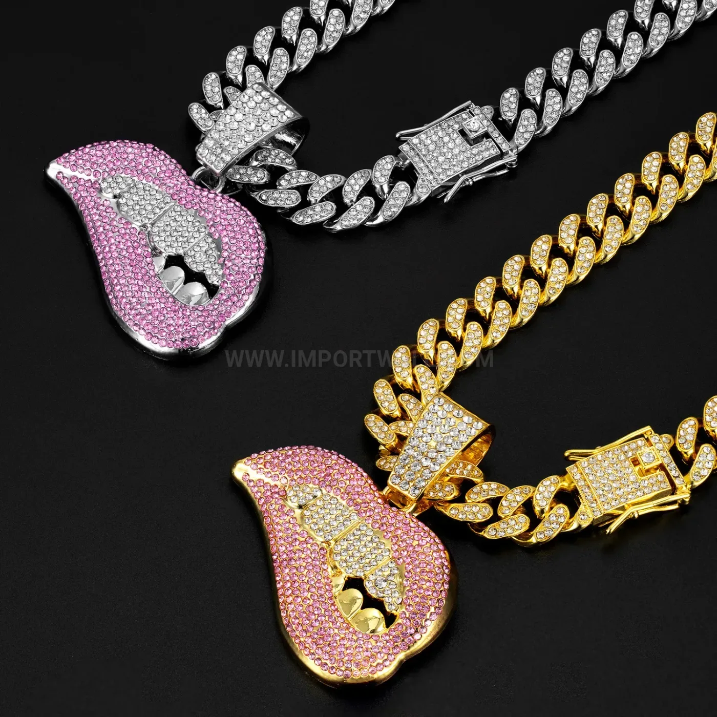 Rhinestone Lip Pendant with Zinc Alloy Cuban Link Chain