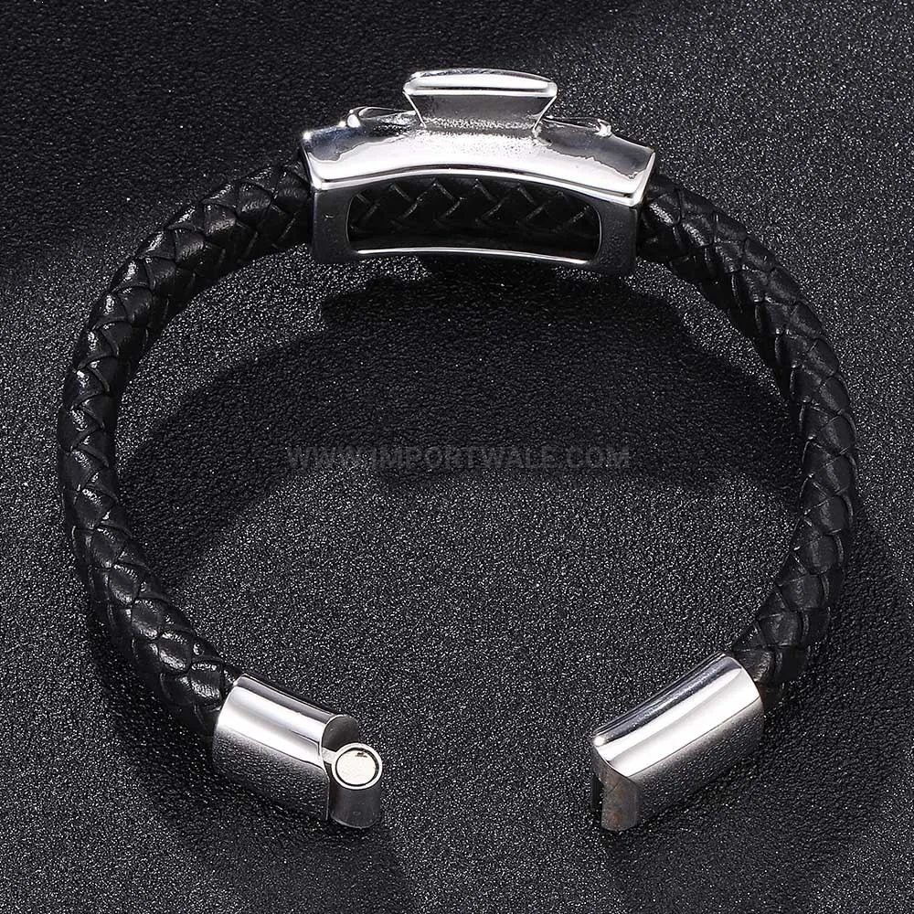 Edgy Skull Cross Stainless Steel Leather Cuff Bracelet