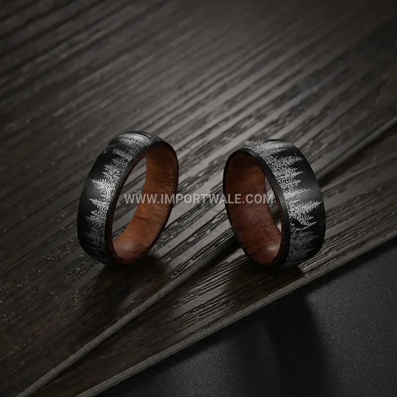 Laser Etched Wolf Stainless Steel Ring With Wood Inlay
