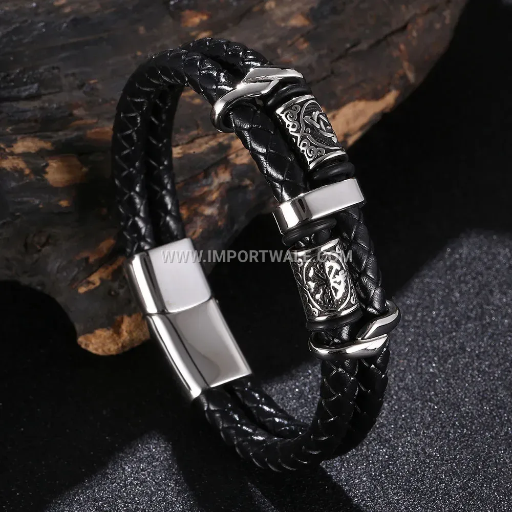 Handcrafted Beaded Leather Bracelet with Stainless Steel Accents