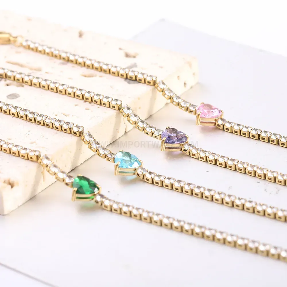 Stainless Steel Heart Zircon Sparkle Tennis Link Bracelet