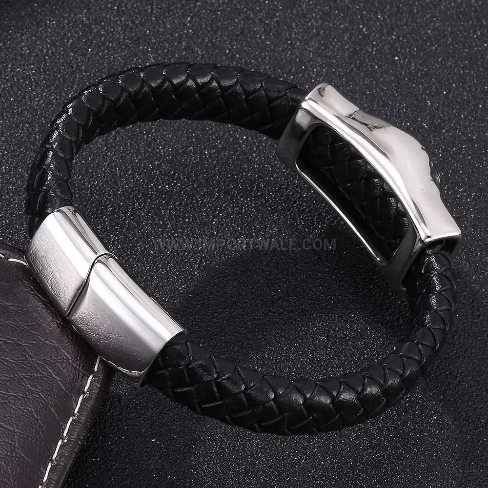 Eagle Head Woven Leather Stainless Steel Bangle Bracelet