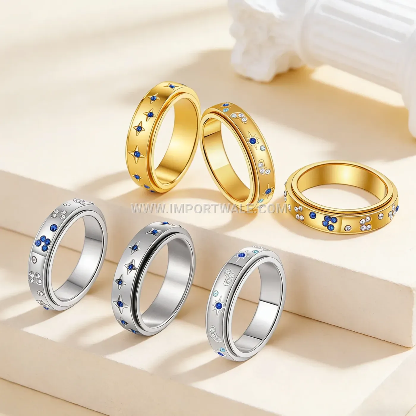 Rhinestone Celestial Sun Star and Butterfly Stainless Steel Ring Set