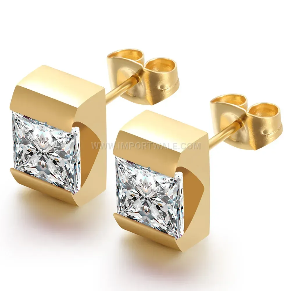 Square Zirconia Inlaid Stainless Steel Stud Earrings