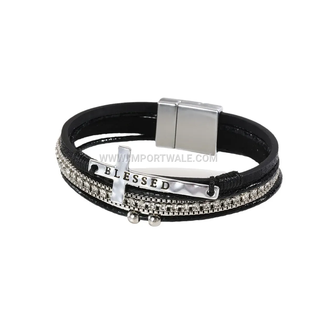 Bohemian Multi-Layer Faux Leather Cross Bracelet with Magnetic Clasp