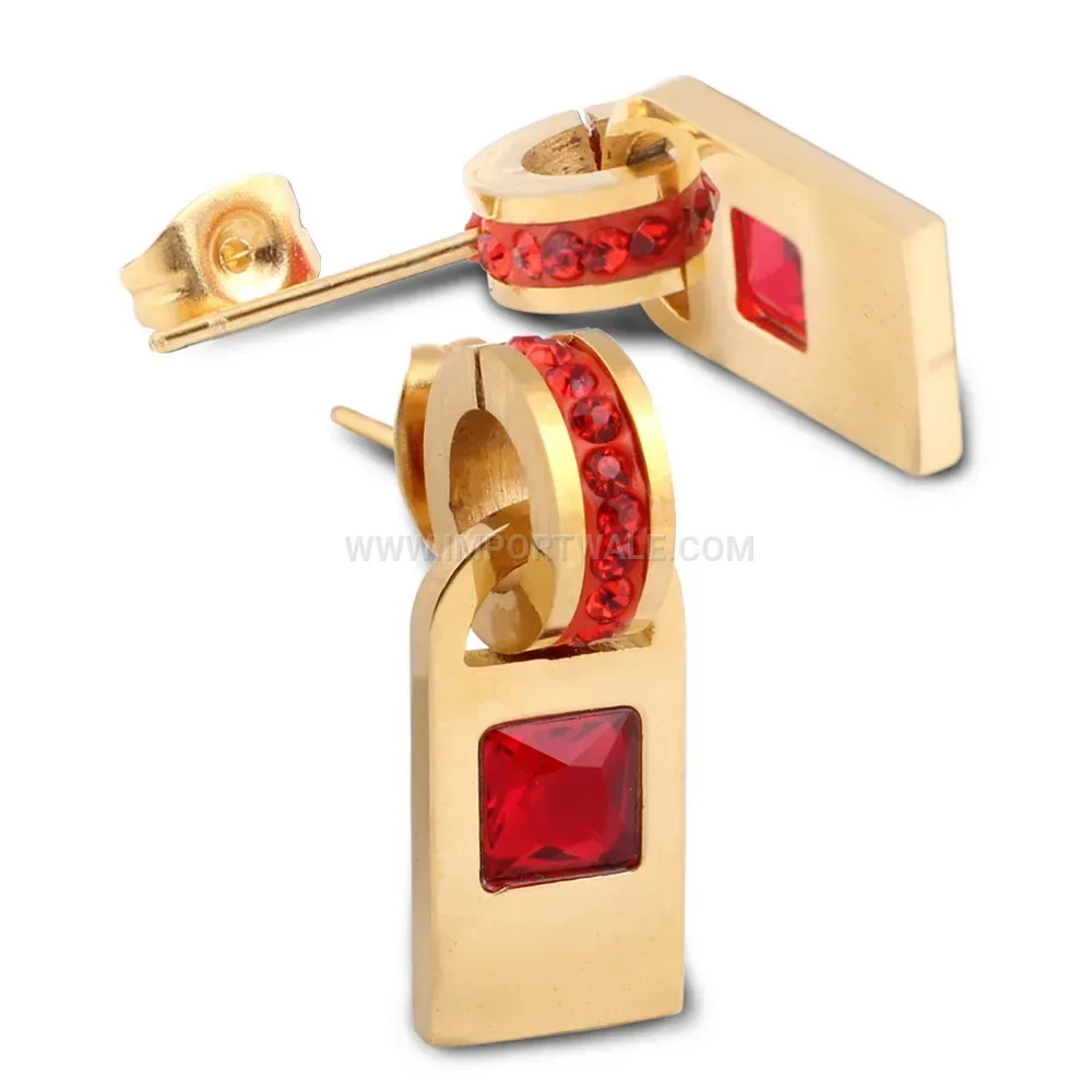 Geometric Rhinestone Square Lock Drop Stud Earrings