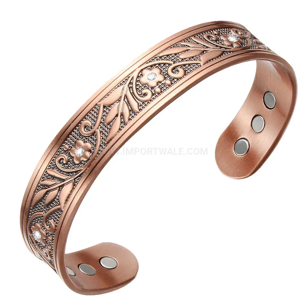 Vintage Leaf Carved Copper Bio Magnetic Cuff Bracelet