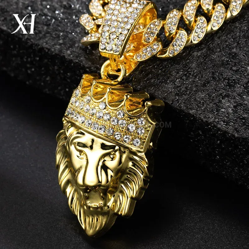 Rhinestone Crowned Lion Head Pendant Cuban Chain Necklace