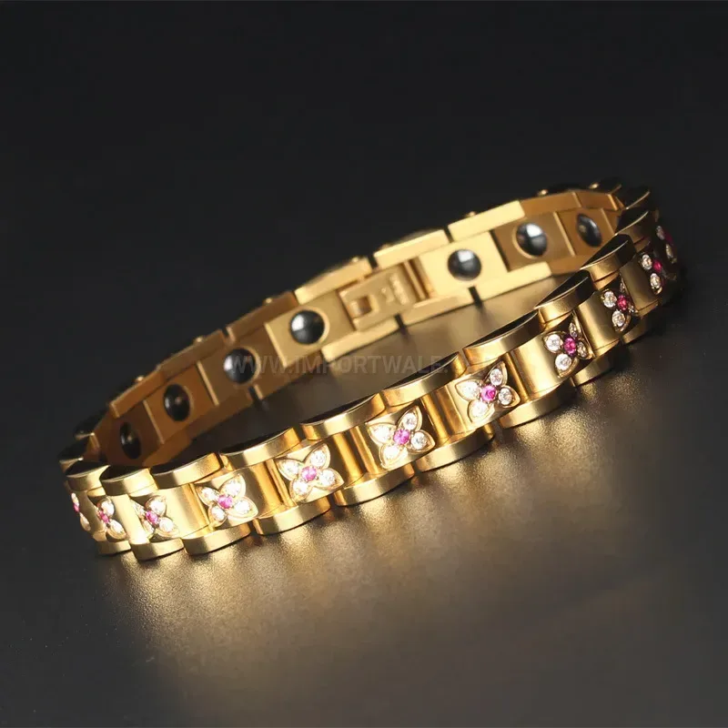 Bold Plated Stainless Steel Plum Blossom Magnetic Couple Bracelet