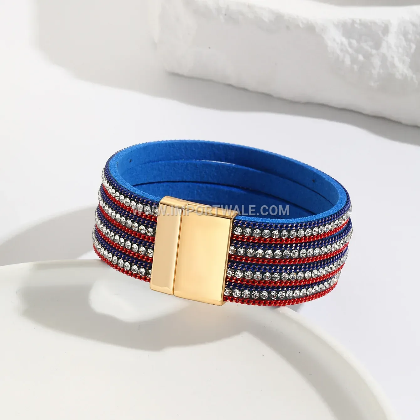 Rhinestone Layered Red White Blue Leather Magnetic Bracelet