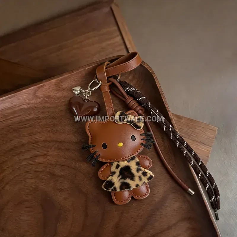 Leopard Print Leather Heart Plush Doll Charm Keychain