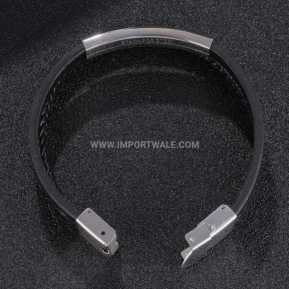 Minimalist Engravable Leather Cuffed Bracelet with Stainless Steel Detail