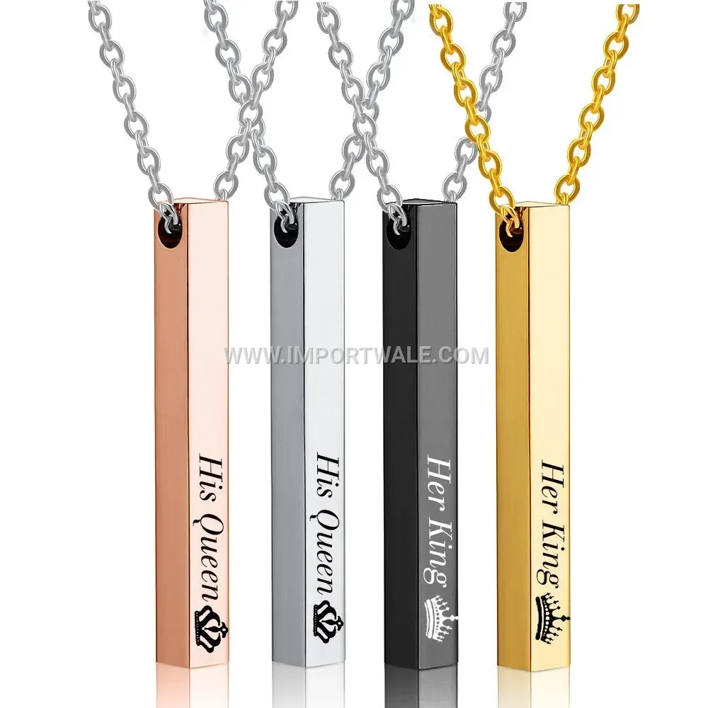 Crown Engraved Vertical Bar Pendant Stainless Steel Pendant Necklace