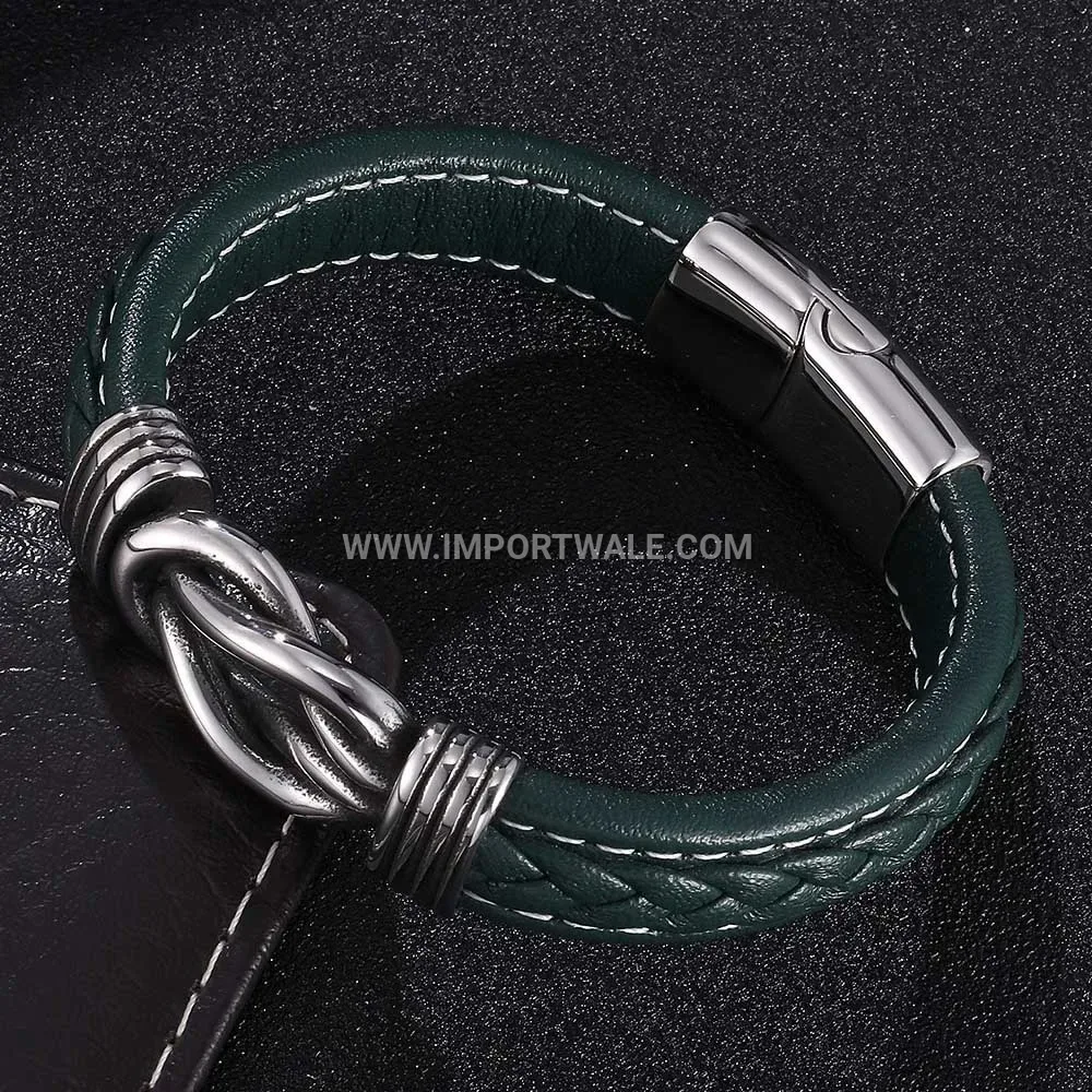 Retro Stainless Steel Interlocking Ring Leather Strap Bracelet