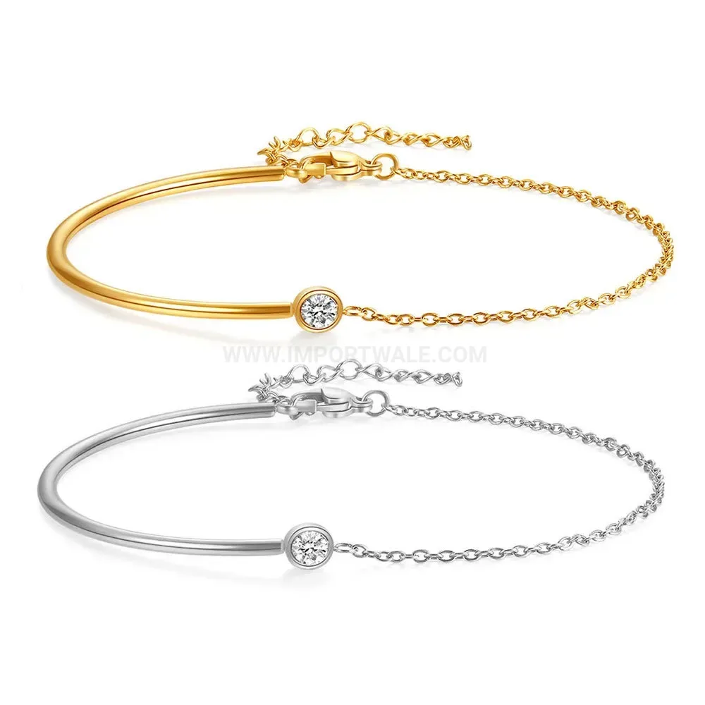 18K Gold Plated Stainless Steel C Shape Cubic Zirconia Bangle Bracelet