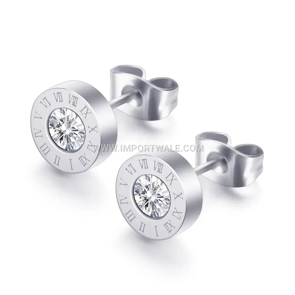 Roman Numeral Solitaire Zircon Stainless Steel Stud Earrings