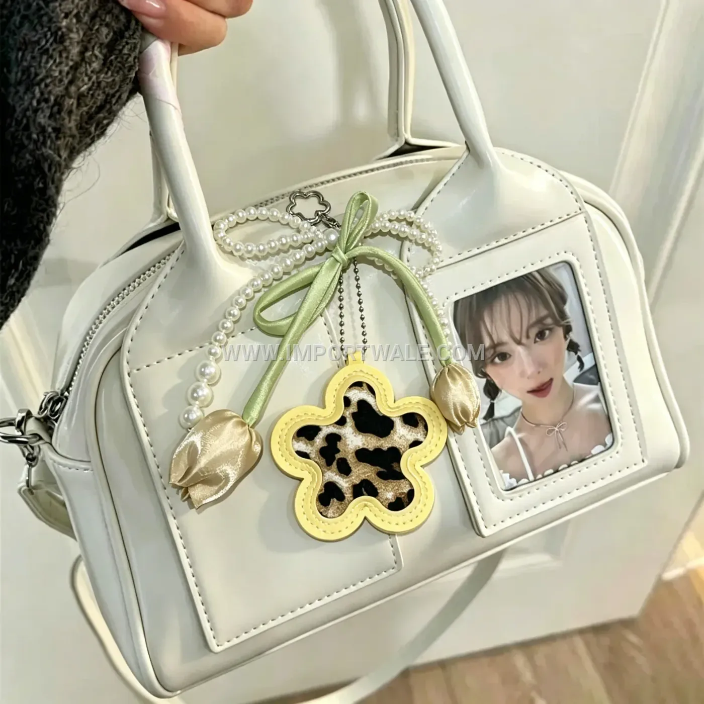 Chic Leather Floral Bag Charm with Pearl Accent