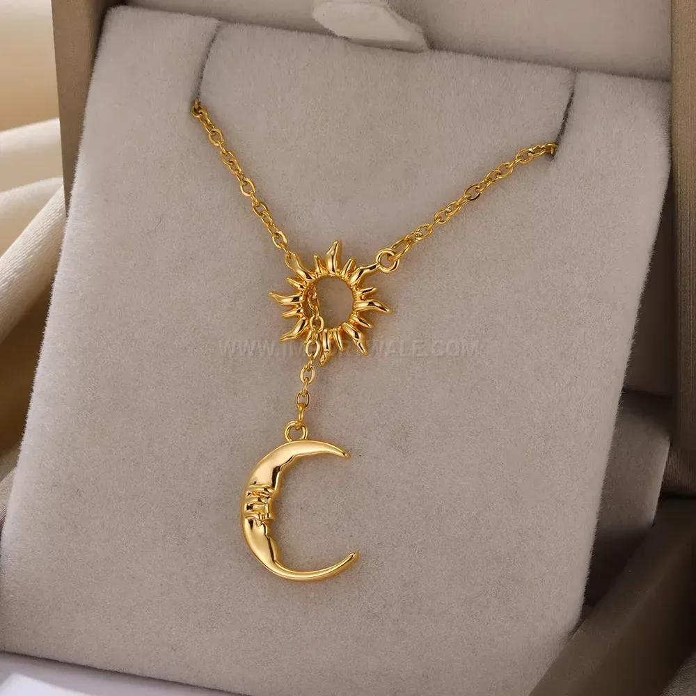 Sun and Moon Dainty Stainless Steel Y Pendant Necklace