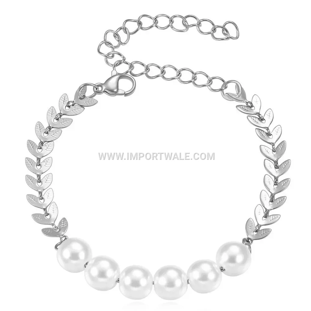 Stainless Steel Leaf Splice Bracelet with Faux Pearl