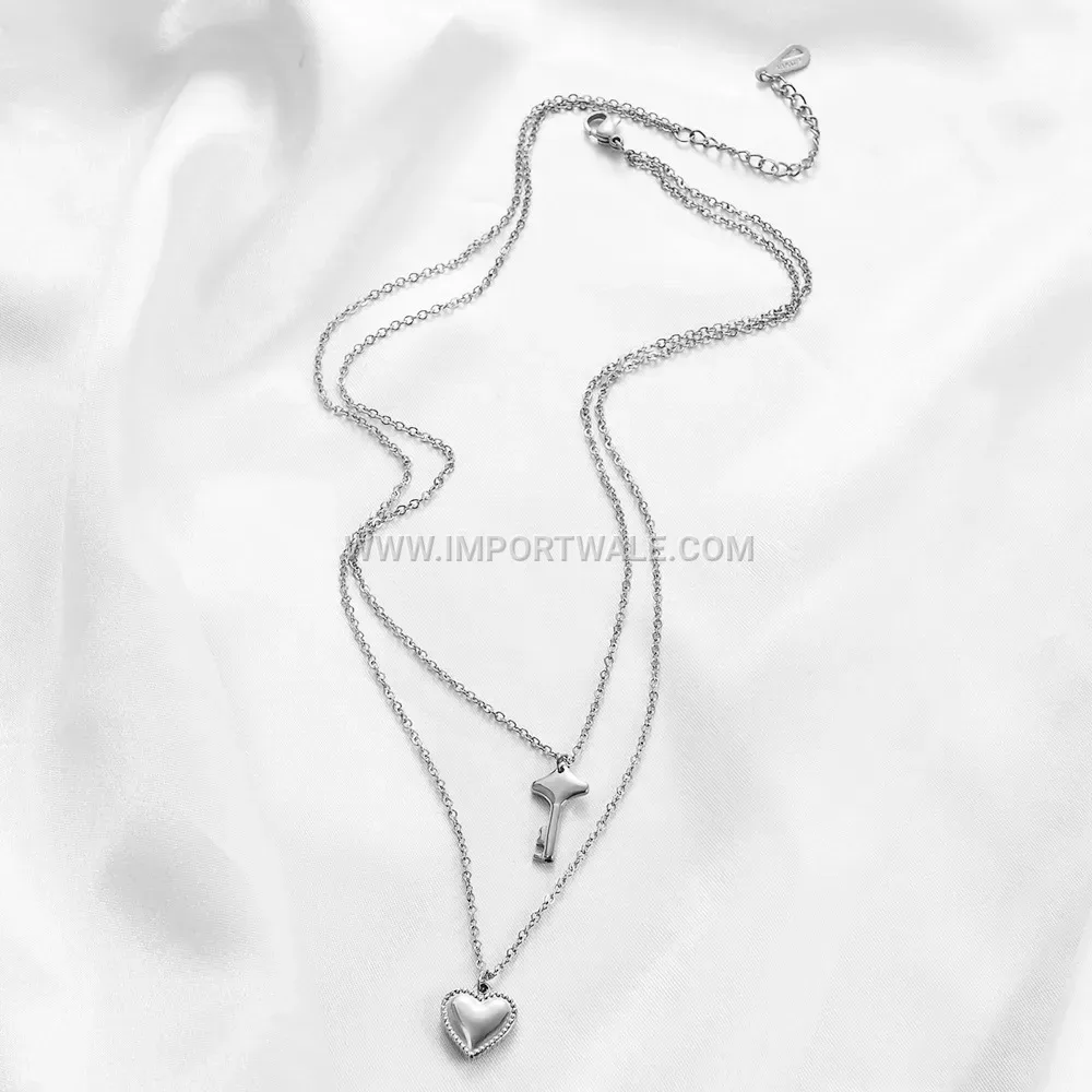Chic Stainless Steel Heart and Key Pendant Layering Necklace
