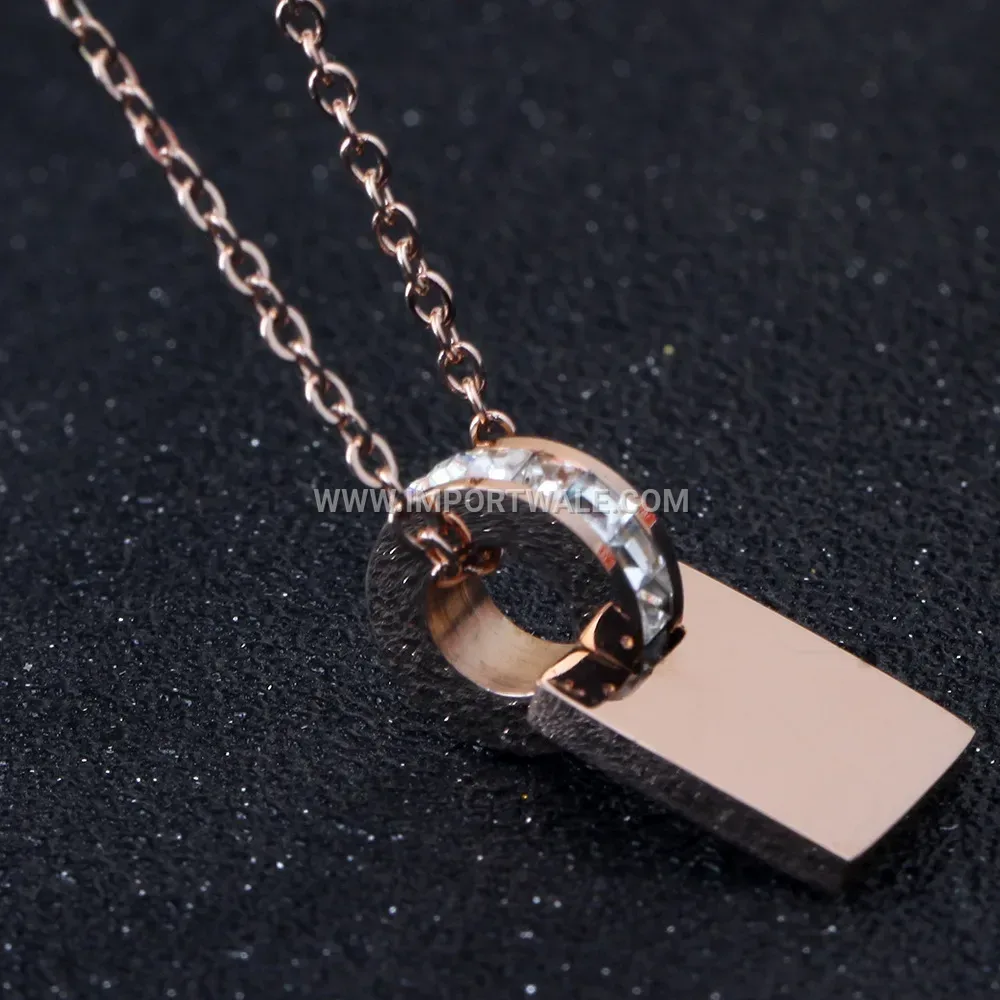 Rose Gold Stainless Steel Geometric Disc and Square Pendant Necklace