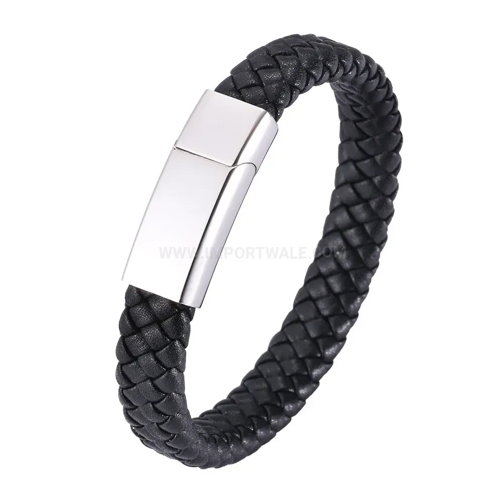 Mirror Finished Stainless Steel Woven Leather Cuff