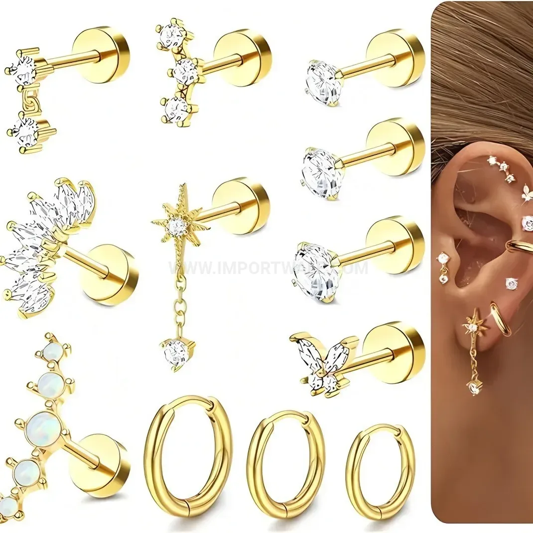 Chic Titanium Steel Leaf Piercing Stud Earrings Set with Zirconia