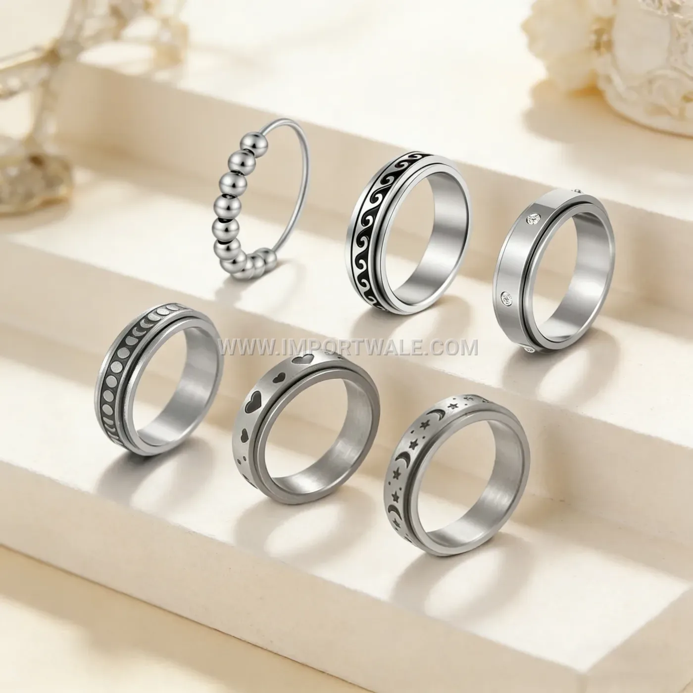 Spinning Heart and Moon Stainless Steel Band Ring