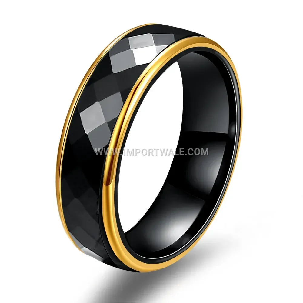 Gold Trimmed Diamond Cut Ceramic Ring