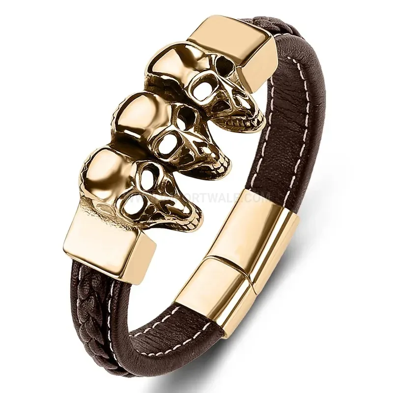 Designer Handcrafted Leather Bracelet Featuring Stainless Steel Skull Hardware