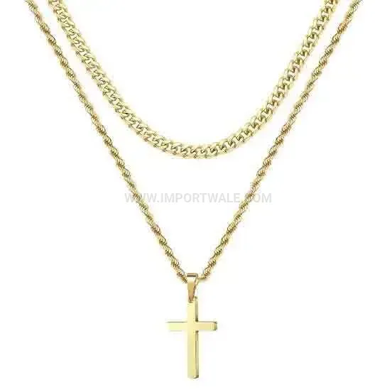 Double Layer Stainless Steel Cross Pendant Twist Chain Necklace