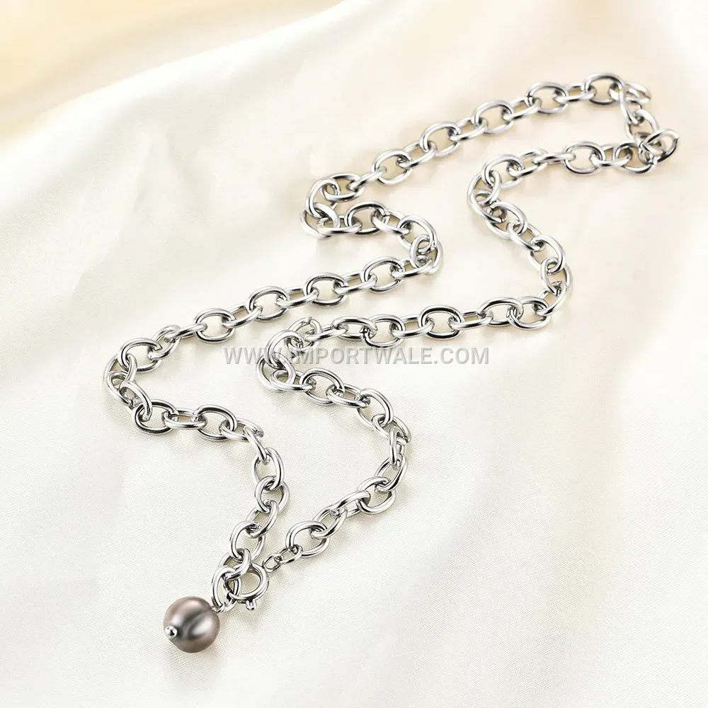 Vintage Black Pearl Pendant Stainless Steel Chain Necklace