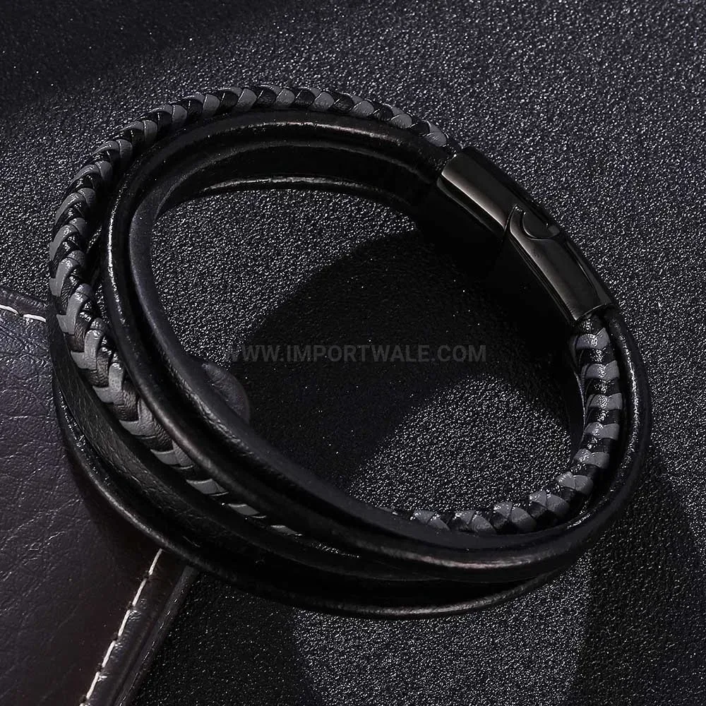 Braided Black Leather Multi Strand Bracelet with Black Magnetic Clasp