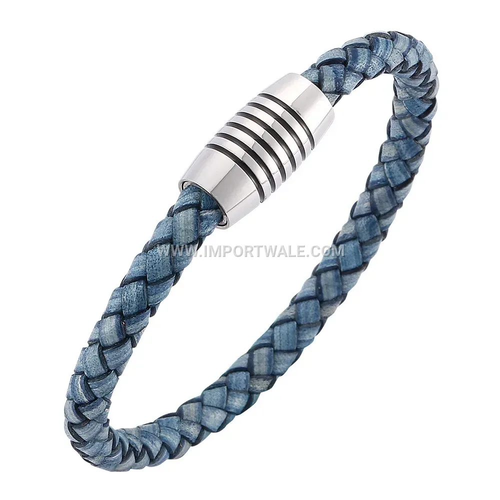 Minimalist Magnetic Clasp Leather Stainless Steel Men Bracelet