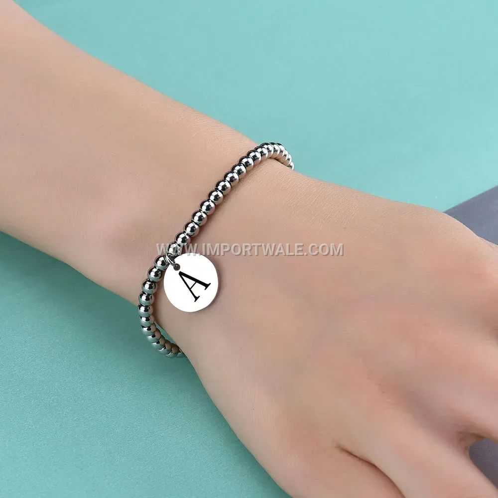Adjustable Stainless Steel Bead Chain Bracelet With Engraved Initial Disc