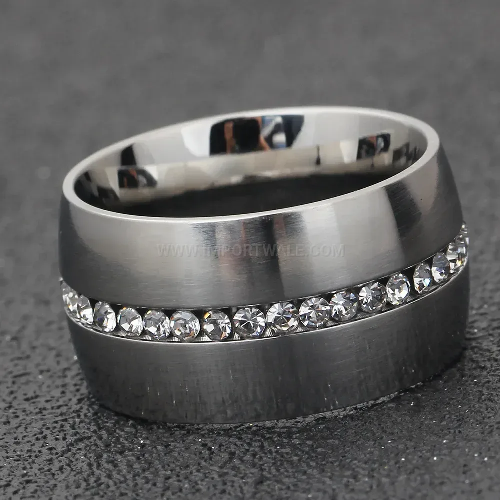 Wide Stainless Steel Ring with Single Row Rhinestones