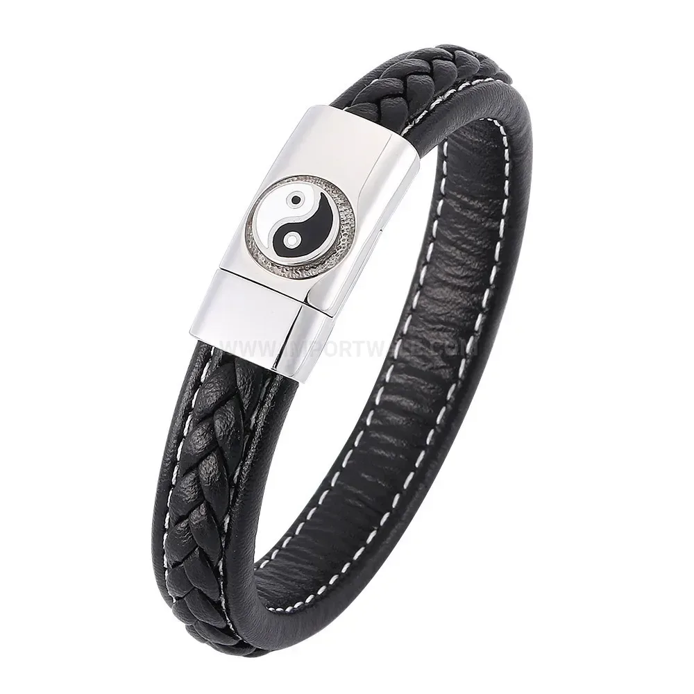 Woven Black Leather Cuff Bracelet with Stainless Steel Symbol Clasp