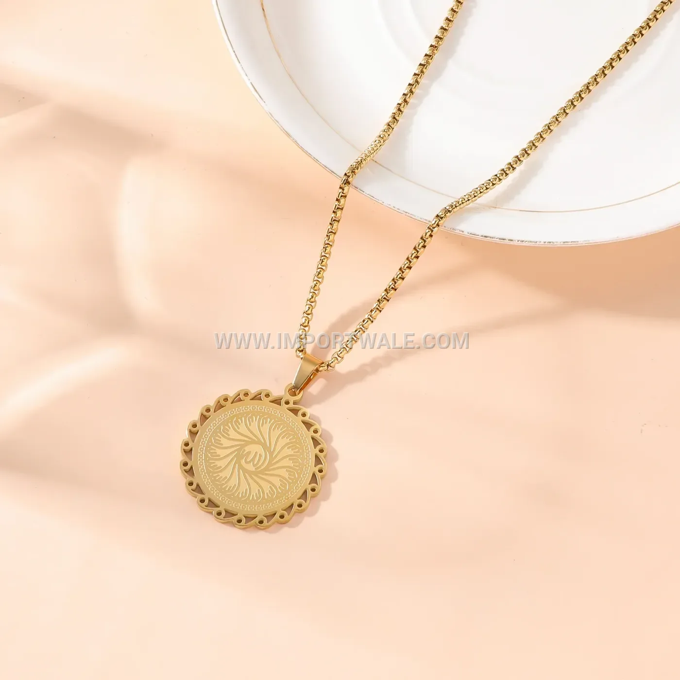 Calligraphy Sun Medallion Stainless Steel Pendant Necklace