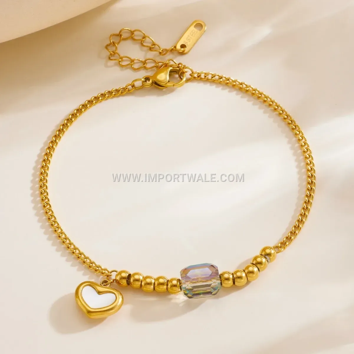 Beaded Heart Enamel Stainless Steel Charm Anklet