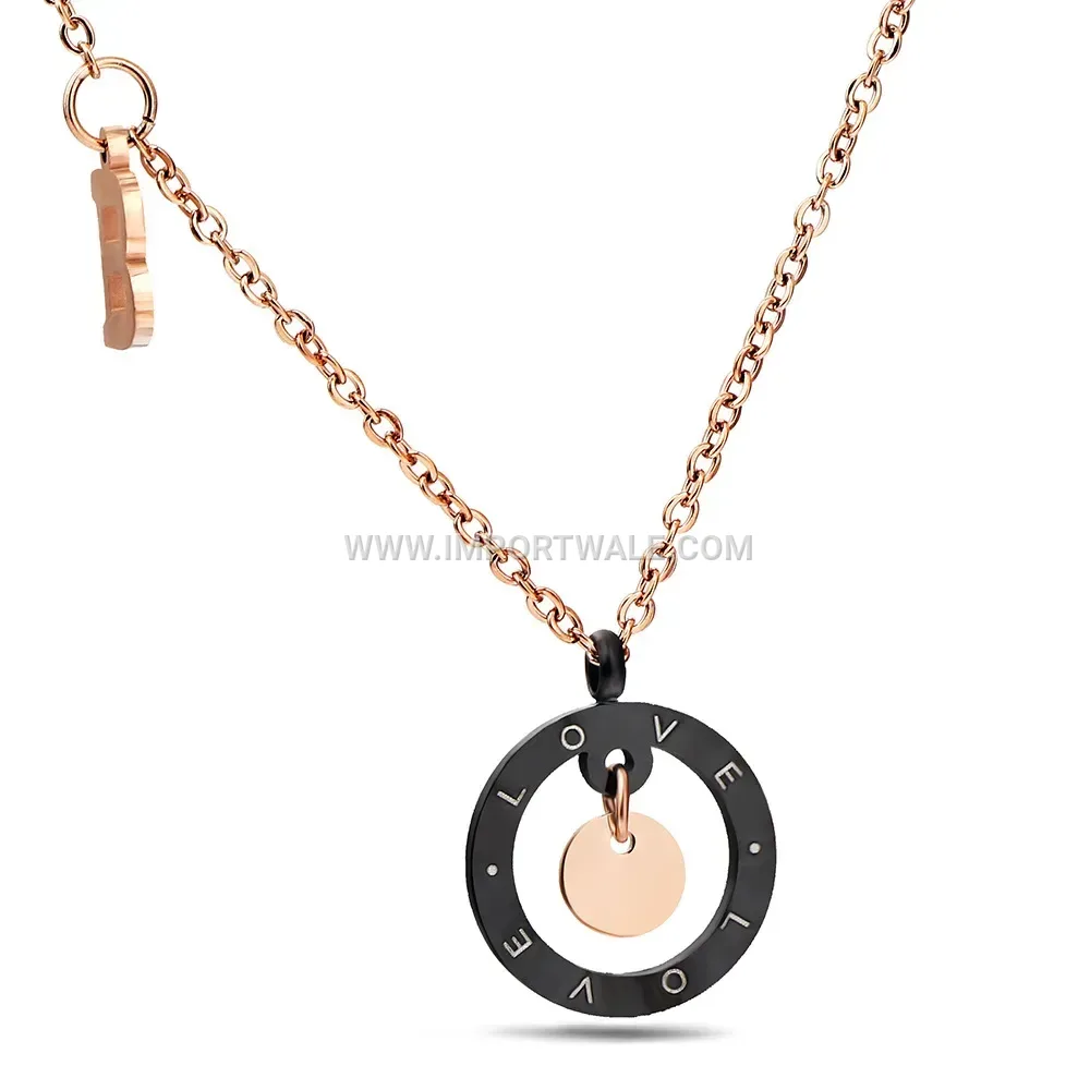 Rose Gold Stainless Steel Cutout Love Disk Pendant Necklace