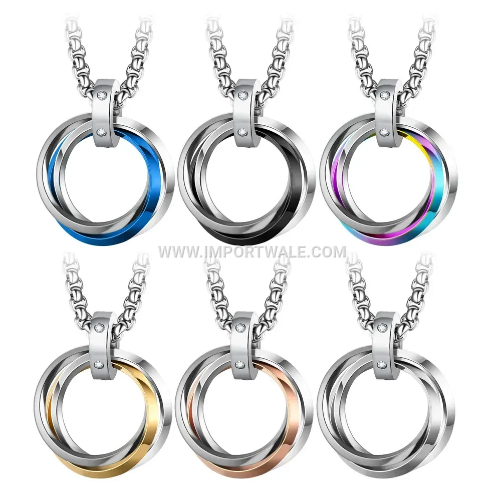 Crystal Accent Interlocking Triple Ring Stainless Steel Pendant