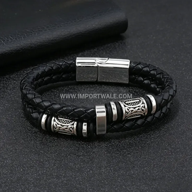 Viking Braided Leather Magnetic Cuff Bracelet For Men
