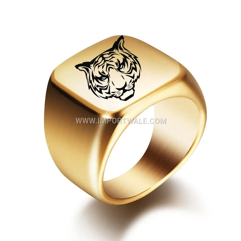 Square Stainless Steel Engraved Leopard Signet Ring