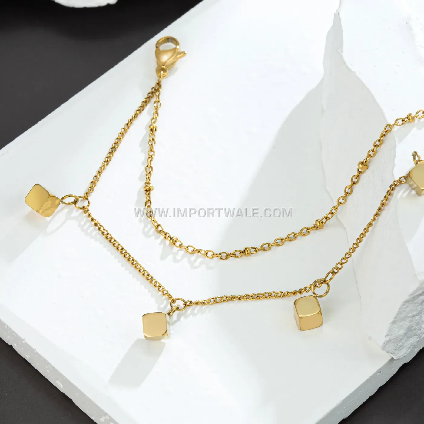 Double Layer Square Block Gold Plated Titanium Steel Anklet